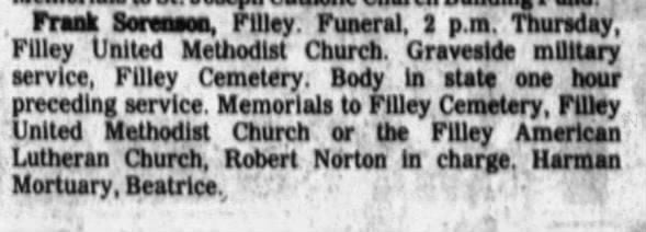 Frank Sorenson funeral announcement